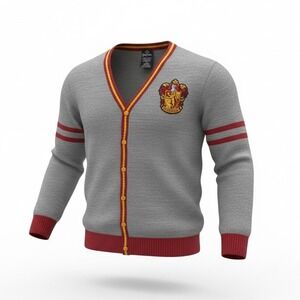 Harry Potter Gryffindor Cardigan Sweater Grey Red Yellow Crest Logo V-Neck L/G